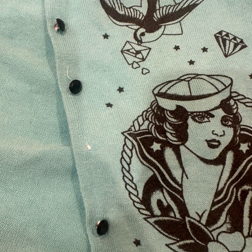 Sourpuss Turquoise Blue Graphic Button-Up Cardigan - Picture 9 of 14